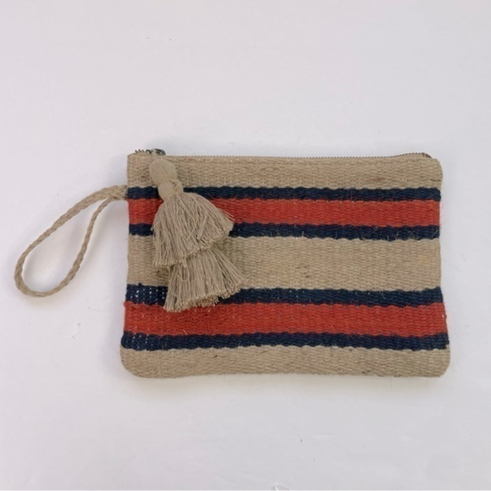 J Jill Blue Orange Stripe Jute Zip Clutch Wristlet Cosmetic Bag With Tassle